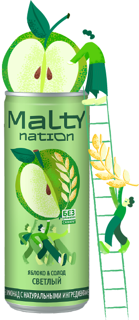 Банка Maltynation с яблоком и персонажами на лестнице